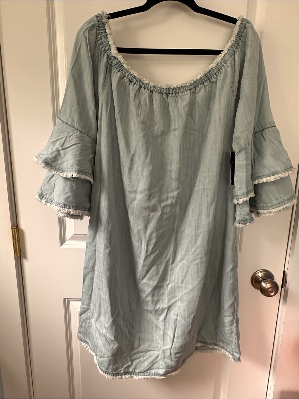 Boston Proper Pale Blue Frayed Smocked Off-Shoulder Top